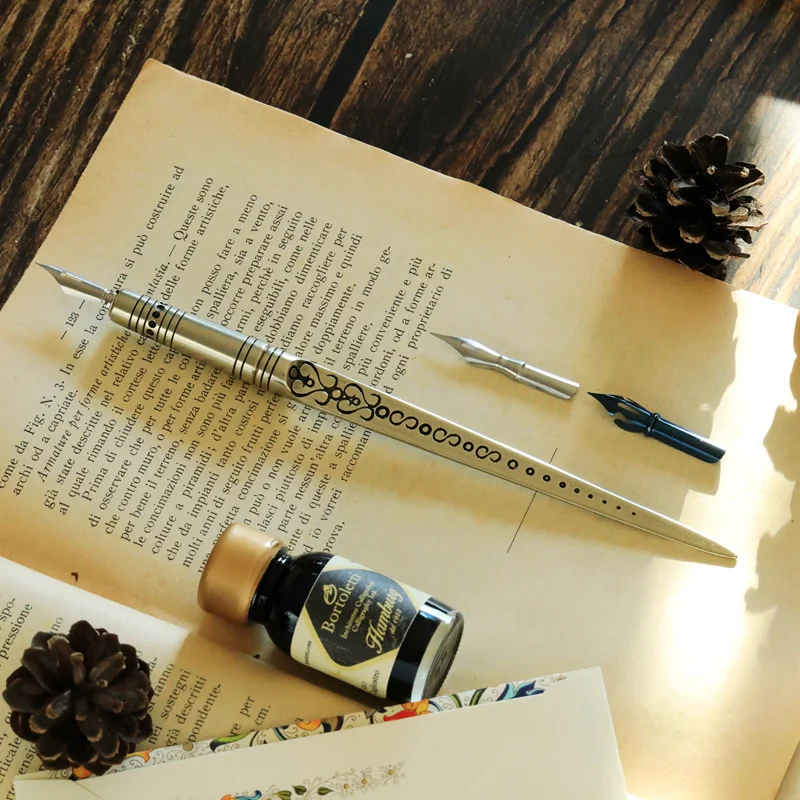 Italian Bortoletti All Copper Manual Penknife Dip Pen Letter Opener Ink NIB Gift Box Set