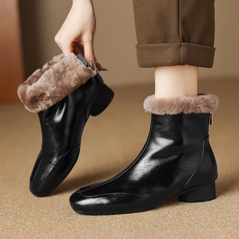 2026 new autumn winter women ankle boots natural leather plus size 22-25cm split leather+wool thick heel back zip short boots