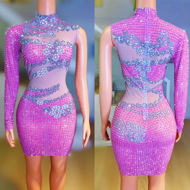 Women Singer Sexy Mesh Evening Costume Single Sleeve Pink Rhinestones Party Dress Bar Nightclub Ds Dj Stage Outfit XS8417