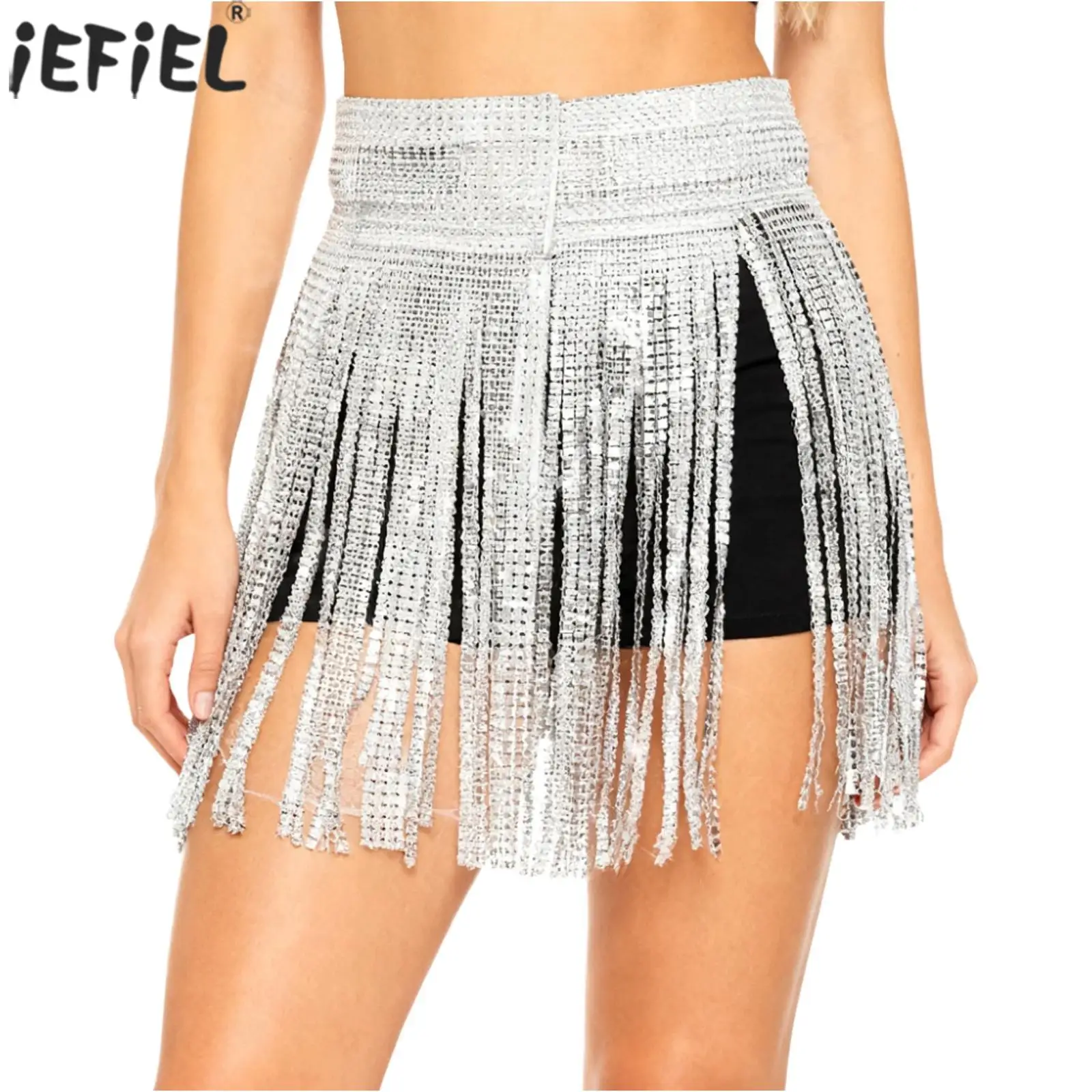 

Women Sparkly Sequin Fringe Tassel Skirt Belly Dance Disco Rhinestones Tassel Rave Mini Skirt for Belly Dance Accessory Skirts