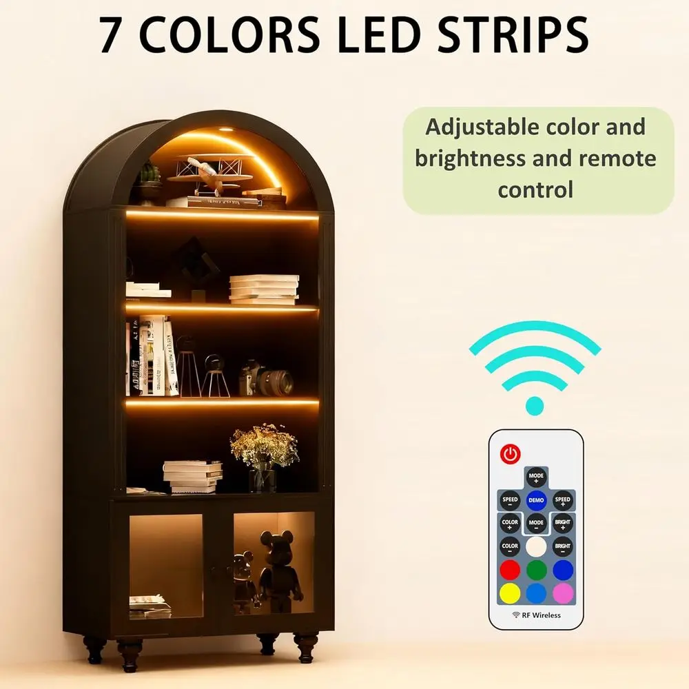 Wooden Arched Display Storage Cabinet with Glass Door, LED Lights,Showcase or Collections, Perume, Vinyl Albums, Bookcase or Hom view 3
