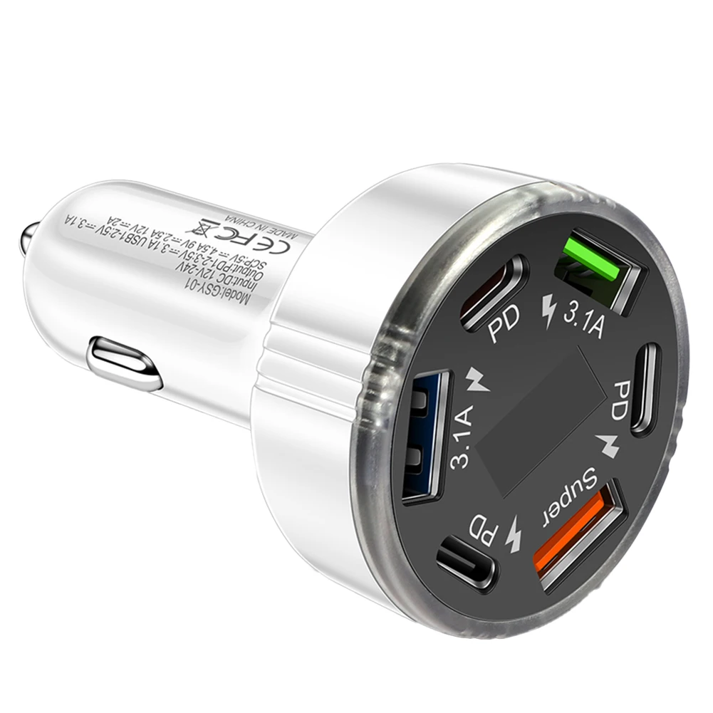 Powerful Multi Device Car Charger with PD Support 6 USB Ports Designed for Quick and Safe Device Charging in Vehicles