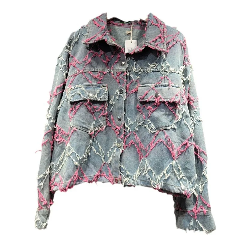 Retro Denim Jacket Women's Short Autumn Coat New 2024 Loose American High-end Foreign-style Washed Wave Tassel Jacket