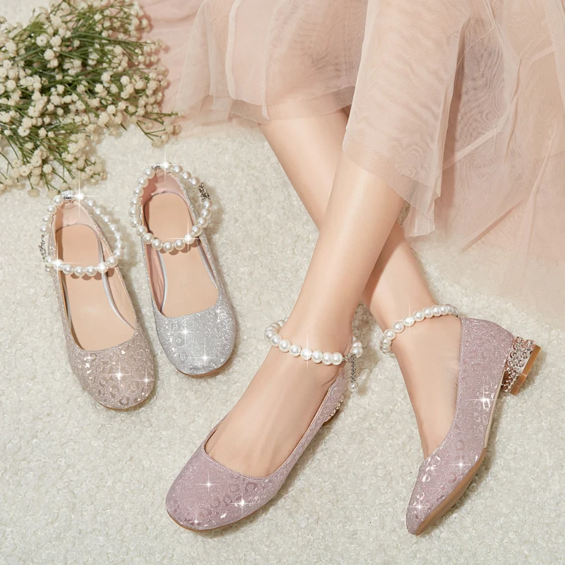 YQBTDL Glitter Bling 2022 Women Pumps String Bead Belt Strap Block Low Heel Little Princess Dress Catwalk Show Shoes Summer New