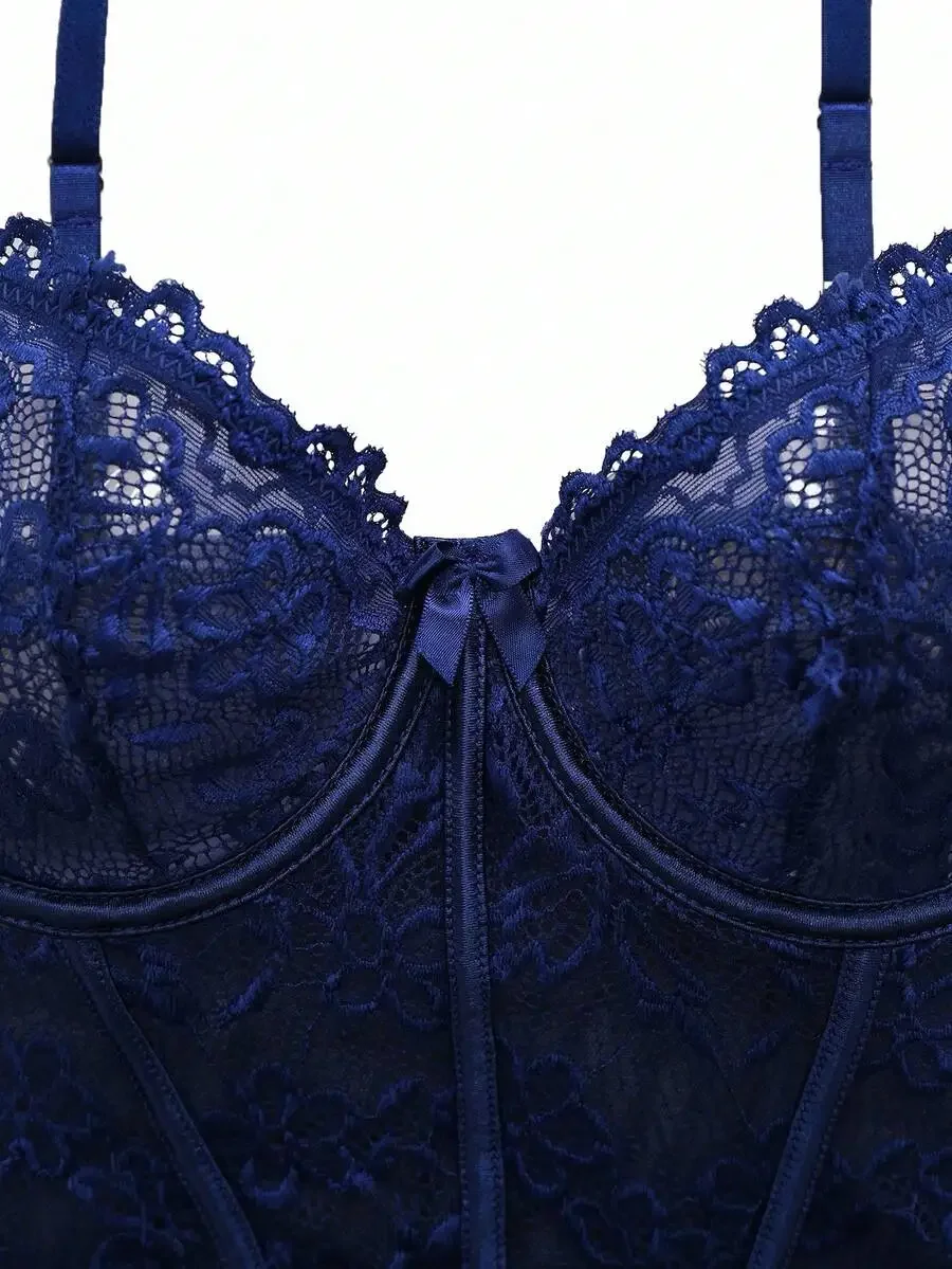 

Blue Lace Bralette With Bow Detail And Mesh Trim