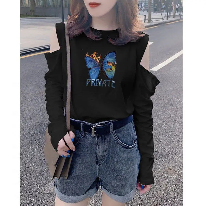Fashion O-Neck Casual Printed Off Shoulder T-Shirt Women's Clothing 2024 Spring Summer New Slim All-match Tops Korean Tee Shirt
