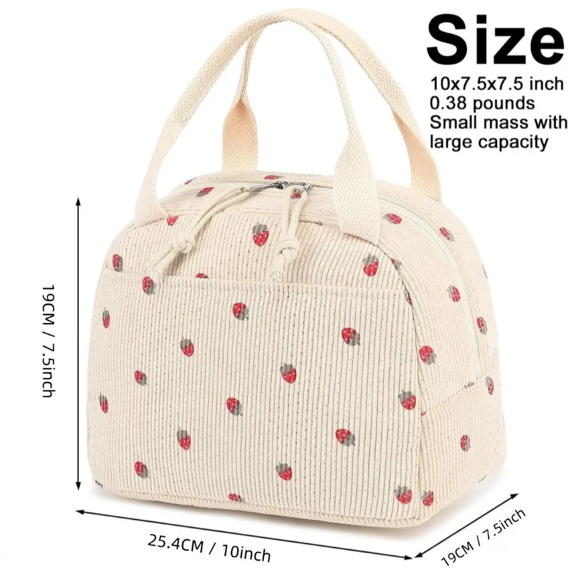Niedliche Cord-Lunchtasche für Frauen, Isolierte Wiederverwendbare Lunch-Tasche mit Erdbeer-Print, Tragbare Thermische Mahlzeiten-Vorbereitungstasche für Picknicks – Detail 5