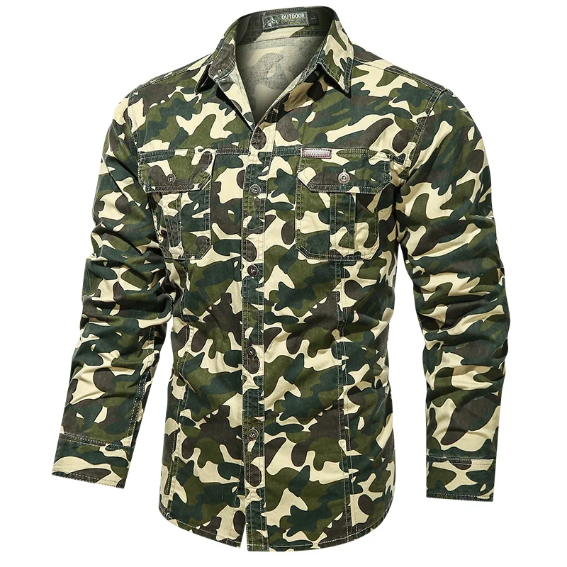 Summer Leisure Tactical Camouflage Pattern Men's Personality Funny Tees Lapel Long sleeves Tops Cargo Fishing Tactical Shirt