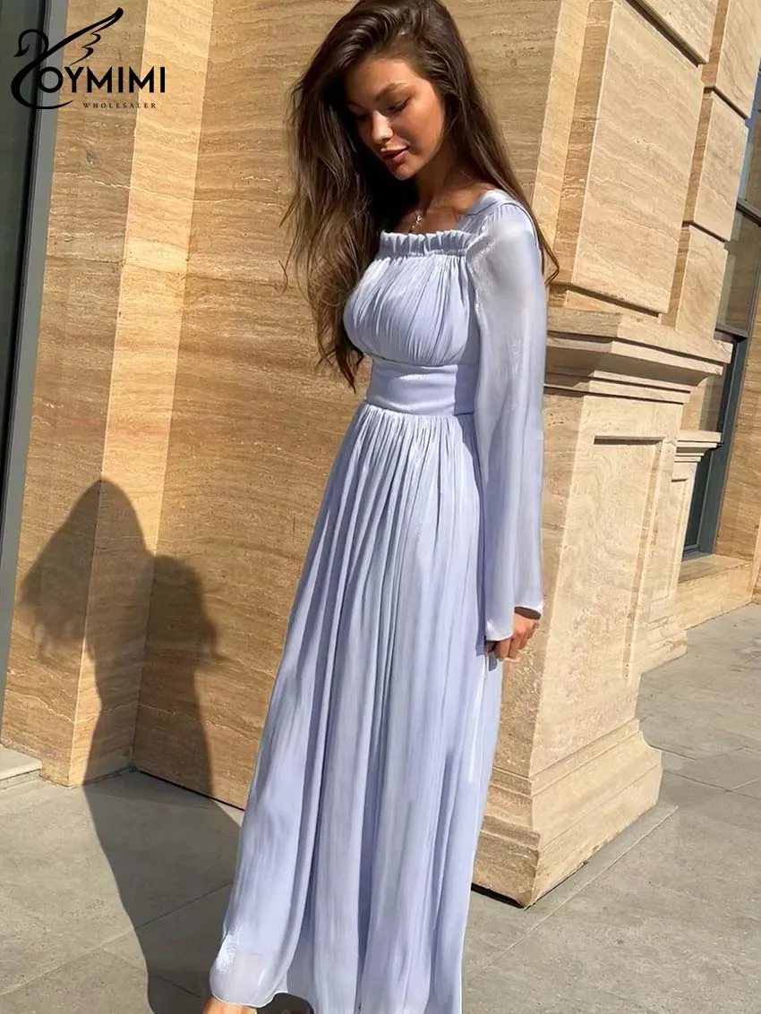 Oymimi Casual Blue Square Neck Dresses For Women Elegant Ruffled Long Sleeve Dresses Fashion High Waisted Ankle-Length Dress