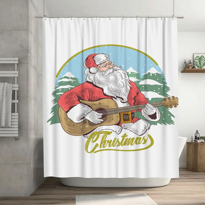

Туну, праздничный Санта-Клаус, играющий на гитаре, Рождественская занавеска для душа в ванной комнате, милый праздничный декор, забавный рождественский фон, водонепроницаемая ткань