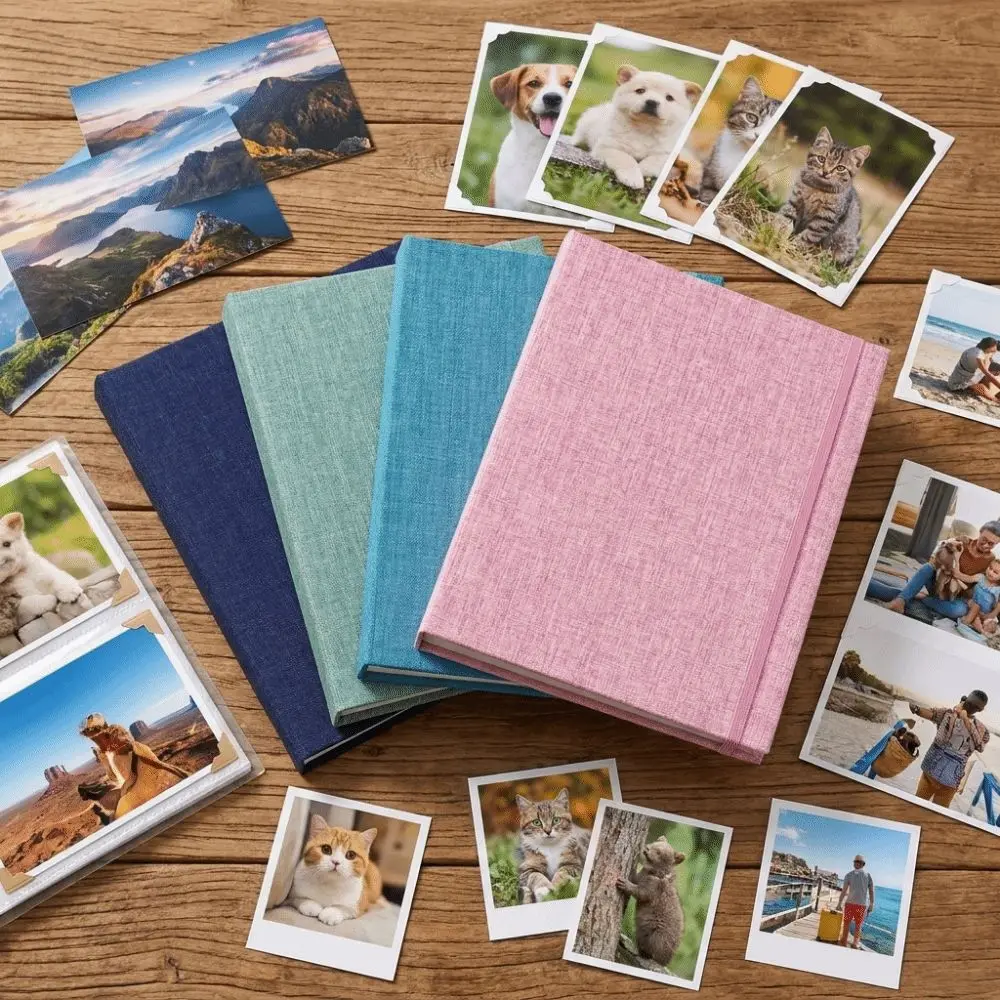 Slip-In Pages Photo Album Linen Cover Elastic Band Closure Memory Album Vintage Plastic Slip-In Pockets Linen Album Growth