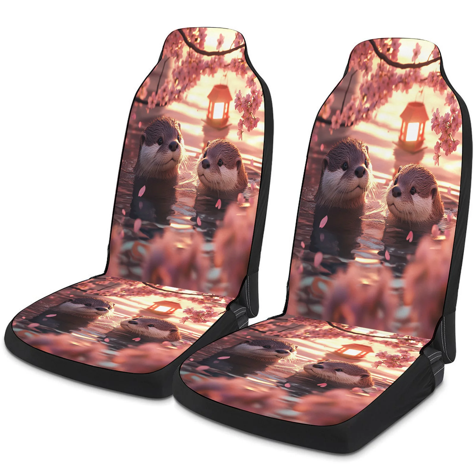 Otter Cherry Blossom Themed Car Seat Cover Set For Most Cars Trucks, Trendy Breathable Car Seat Protector Covers Full Set, Unive