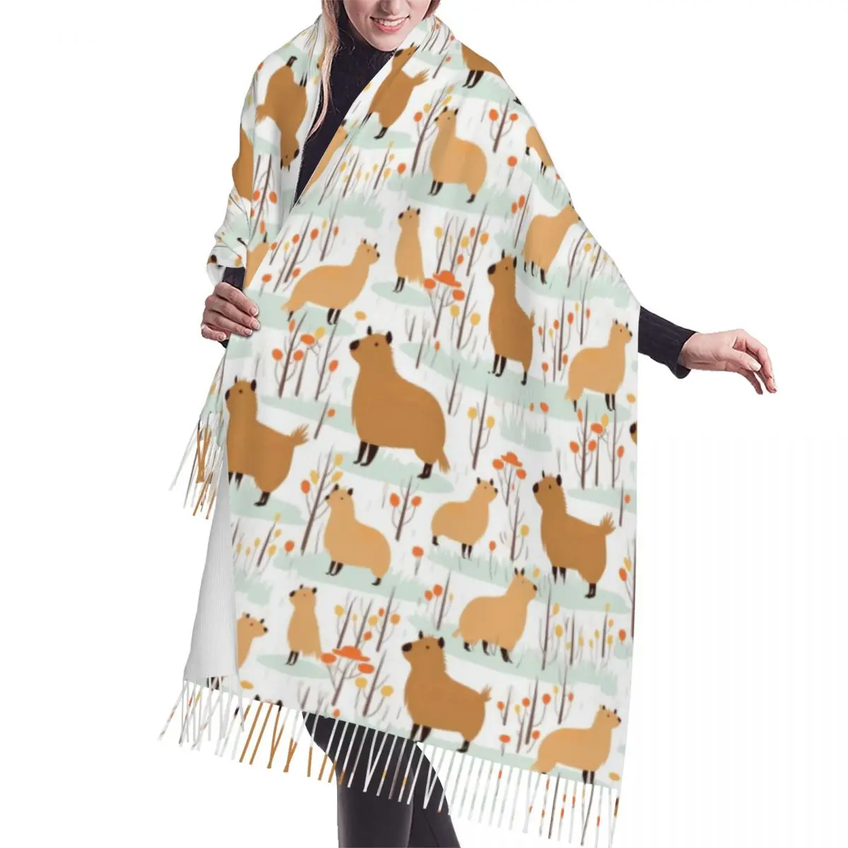 

Flat Pattern Of Capybaras And Trees Pattern Tassel Scarf Women Soft Versatile Female Shawls Wraps Female Winter Fall Scarves