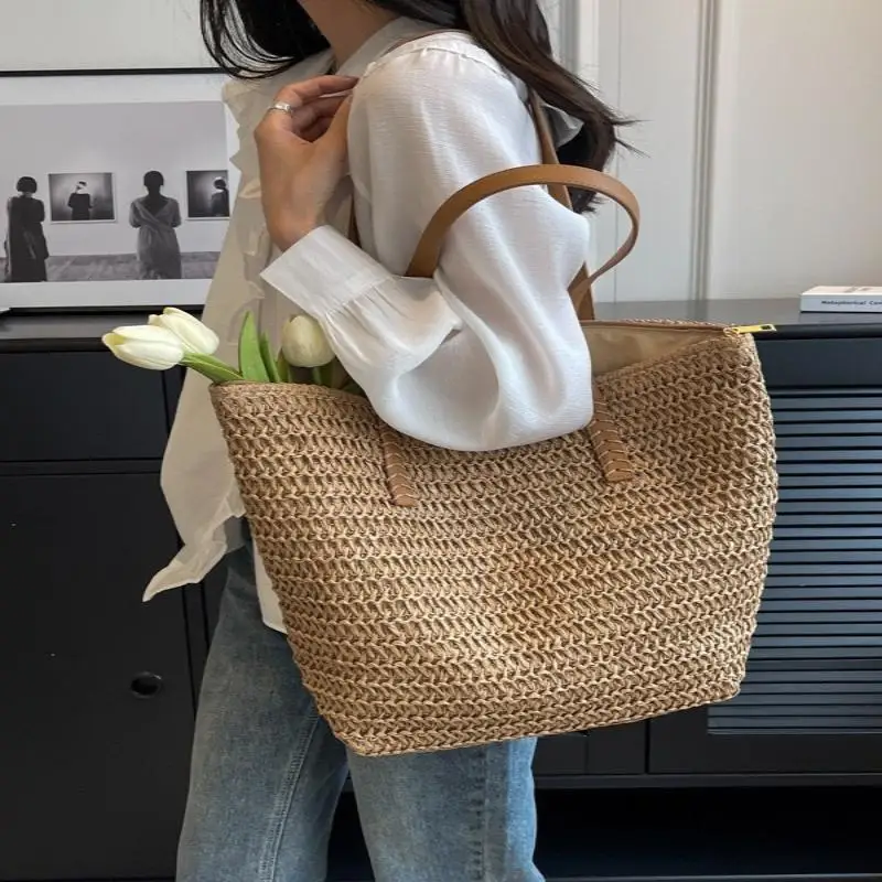 1 Stück Böhmische Sommermode Stroh-Strandtasche Handgewebte Damen-Schulterhandtasche Reise-Shopper Gewebte Einkaufstaschen – Detail 5