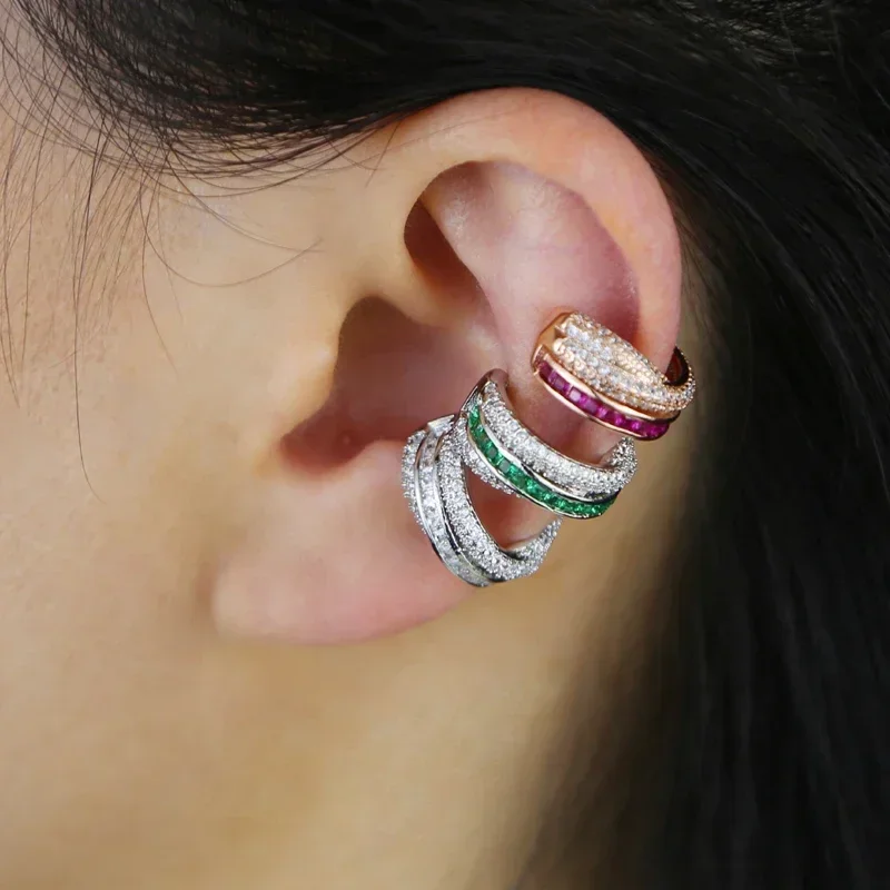 Luxury Geometric micro pave Colorful Cubic Zirconia cz Circle Lines ear cuff no pierced clip Stud Earrings Hip hop women jewelry