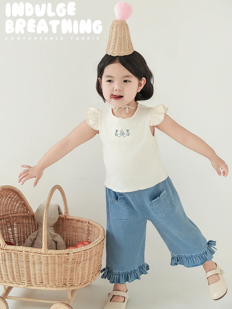 Girls' Solid Color Jeans Cute Playful Summer Light  Thin Soft Rabbit Pockets Ruffled Lace Straight Leg Pants