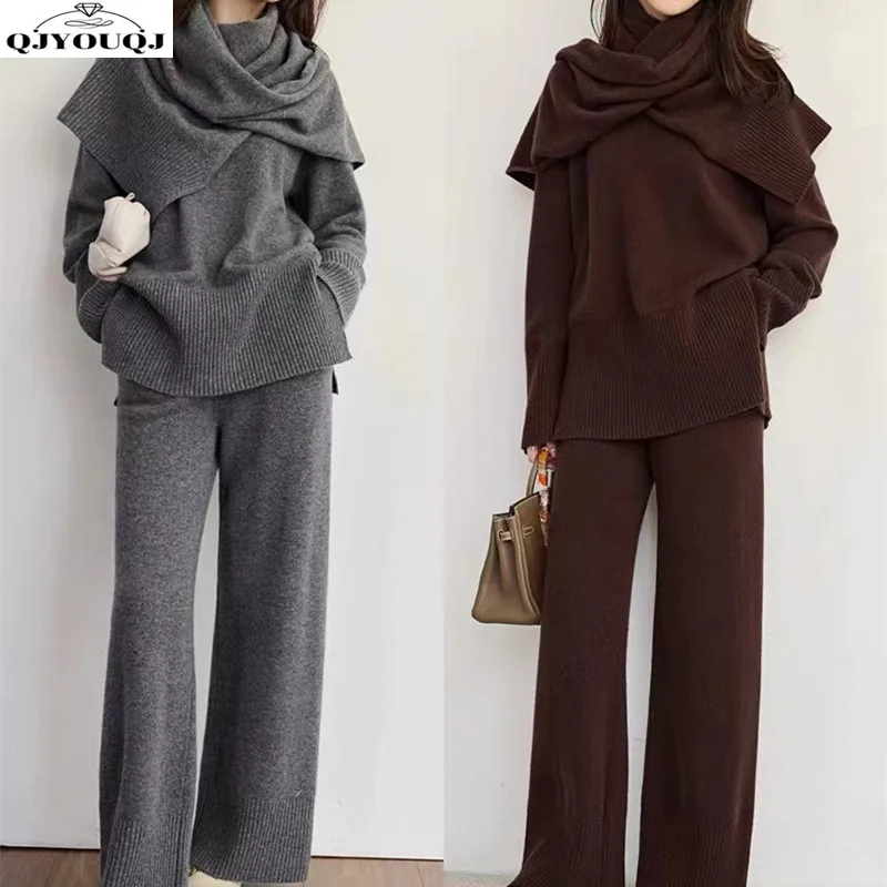 

232 осень/зима, корейское издание, новый модный вязаный свитер + шарф + повседневные широкие брюки, комплект из 3 предметов