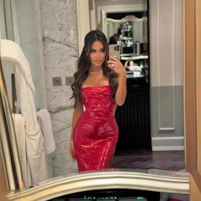 섹시한 레이스 새틴 드레스 여성용 패셔너블한 스트랩리스 홀로우 아웃 롱 드레스 반짝이는 스팽글 하이 웨이스트 폴리에스터 섬유