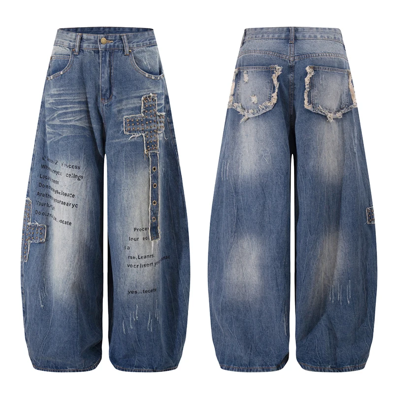 LUZHEN 2025 جديد وأصلي تصميم مرقع عتيق جينز مستقيم للرجال أنيق ملابس الشارع واسعة الساق من قماش الدنيم JY5132 #6