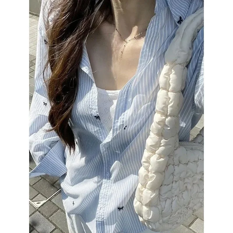 original-summer-stripe-shirt-women's-loose-long-sleeve-sun-protection-top-casual-korean-design-customizable-fashion-clothing