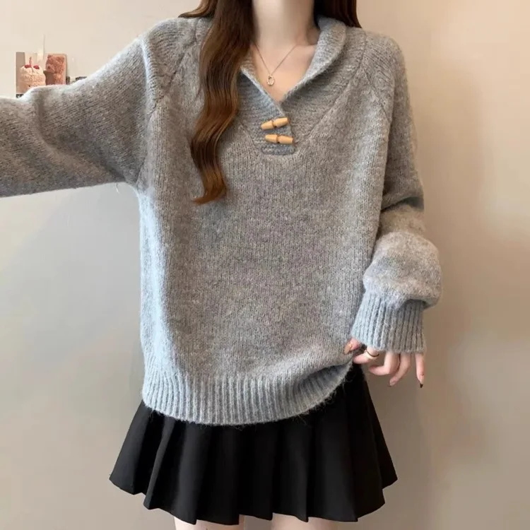Womens Sweater Spring Autumn Korean Edition Solid Color Bull Horn Collar Loose Fashion Knitted Sweater Casual Daily Versatile