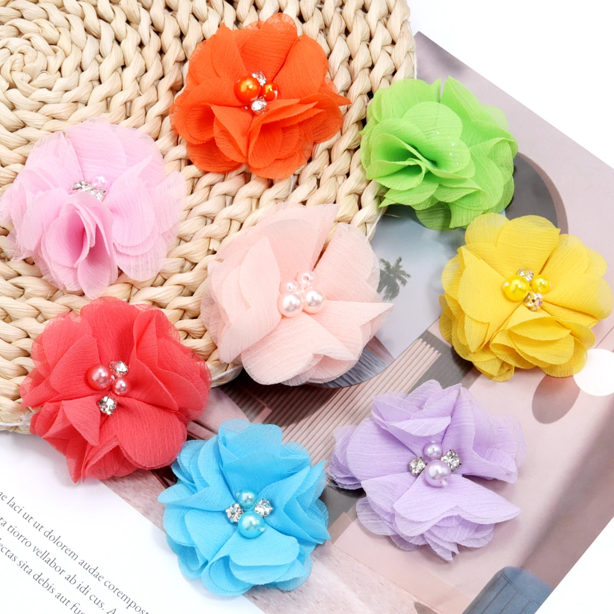 4pcs Color Chiffon Fabric Flower 6cm Imitation Pearl Artificial Flower With Rhinestone for DIY Sewing Crafts Garment Accessories