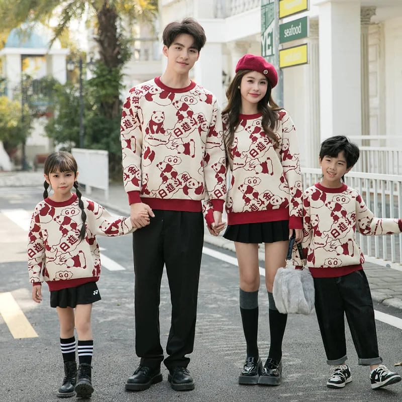 Lunar Chinese New Year Clothes for Family 2024 Knitted Sweater Father Mother Son Daughter Matching Knit Jumper Children Clothes