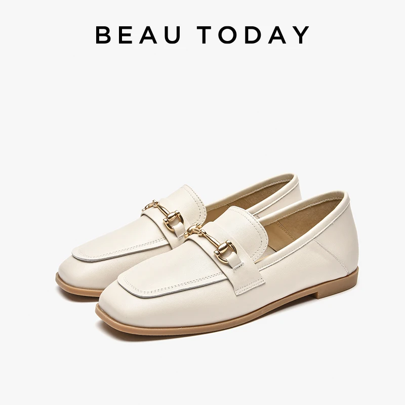 BEAUTODAY Casual Loafers Women Soft Sheepskin Square Toe Metal Decoration Slip-on Flats Outdoors Ladies Shoes Handmade 27200