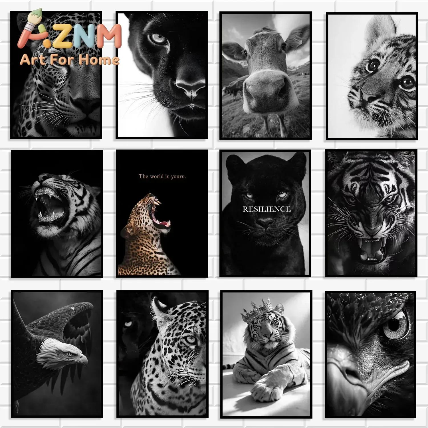 AZNM Black White Wild Animal Canvas Wall Art Leopard Panther Tiger Eagle Cow Motivational Quote Print Unframed Canvas Poster for