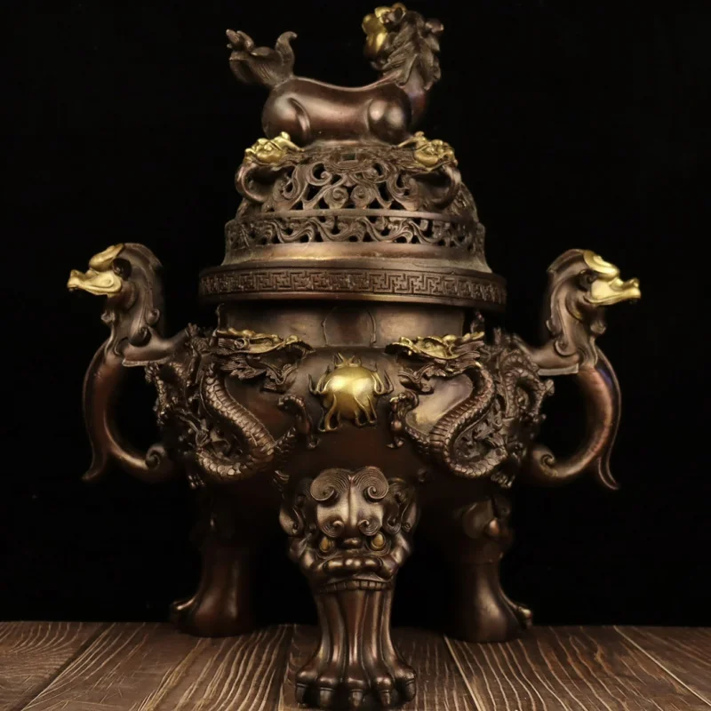 Brass Dog Stove Double Dragon Ear Copper Incense Burner Three Feet Kowloon Sandalwood Incense Burner Household Indoor Decoration