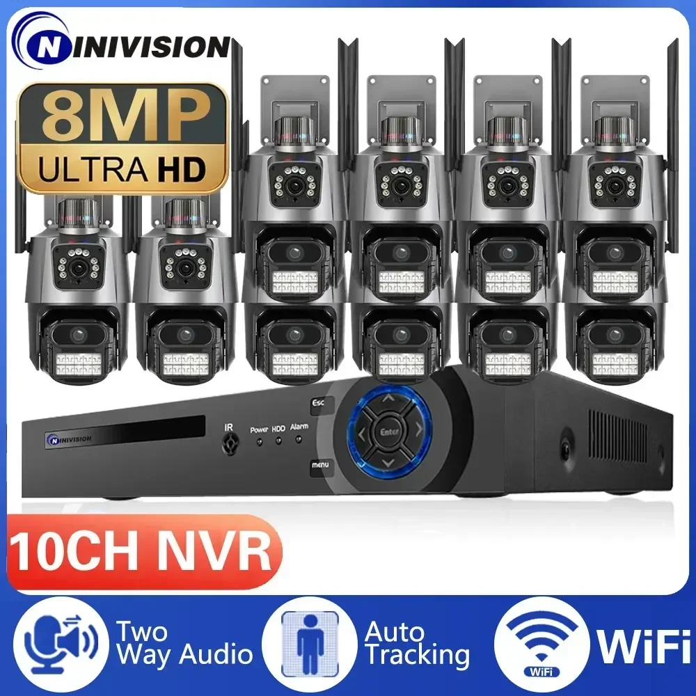 ワイヤレスセキュリティカメラ,デュアルレンズ,PTZ,wifi,IP,双方向オーディオ,カラー,暗視,顔,DVR,ビデオ監視システム,10チャンネル,8mp