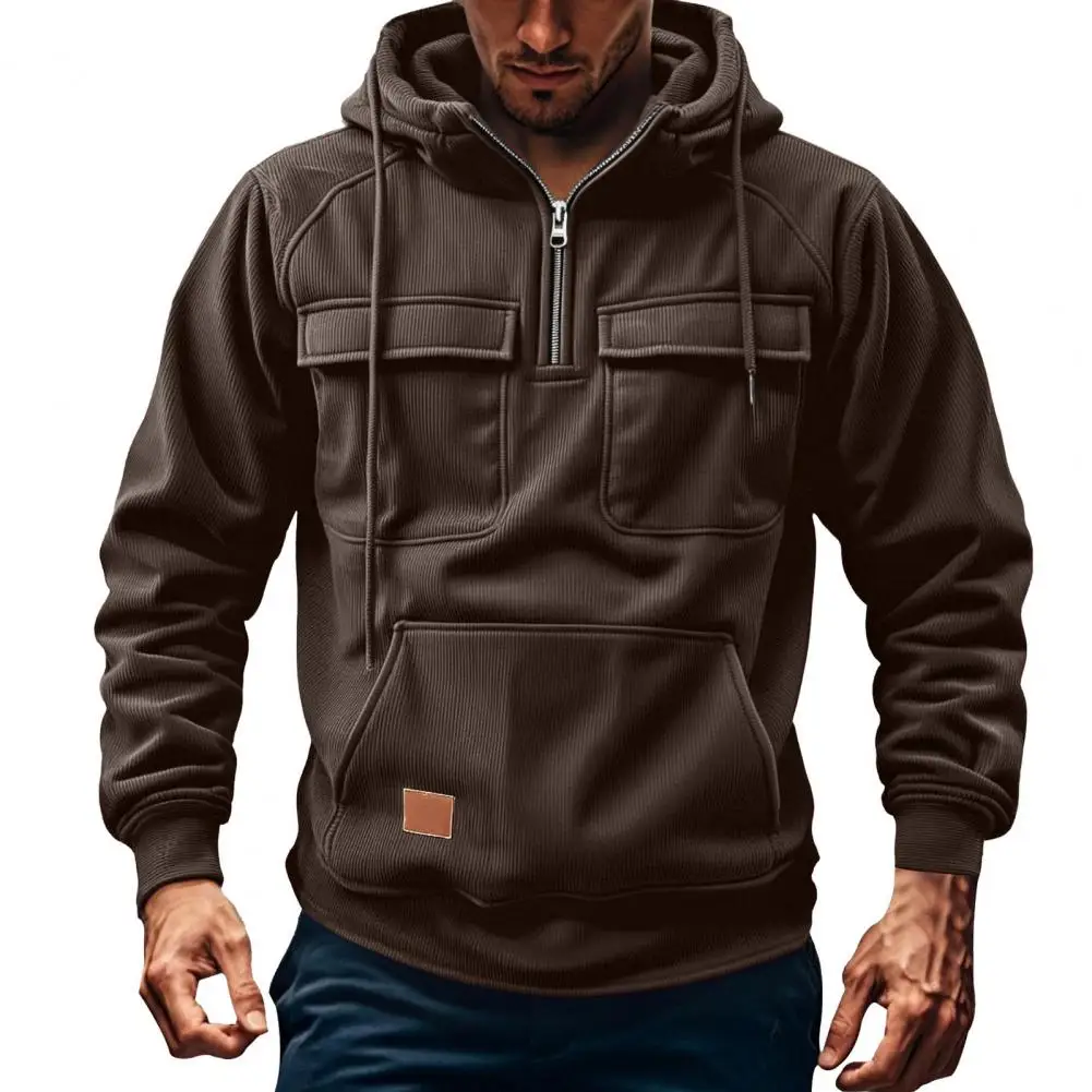 Comfortable Men Sweatshirt Men Hoodie Men's Zipper Hoodie with Half Placket Multi-pocket Drawstring Sweatshirt Long Sleeve Sport