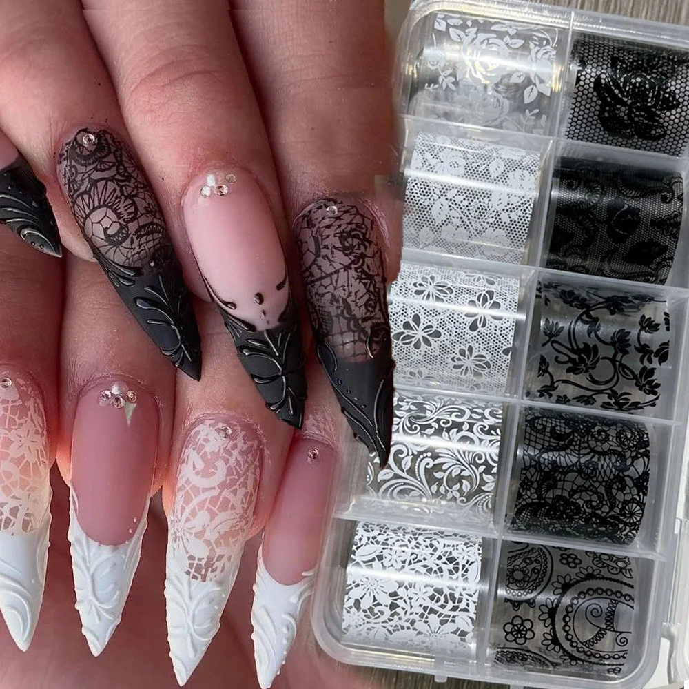 4X25cm-10rolls Sexy Black White Lace Nail Foils Untra-Thin White&Black Lace Flowers Nail Transfer Paper For Wedding Bride Decal