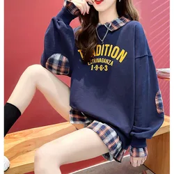 Fashion Printed Spliced Fake Two Pieces Plaid T-Shirt Female Clothing 2023 Autumn Winter Loose Casual Pullovers Korean Tee Shirt