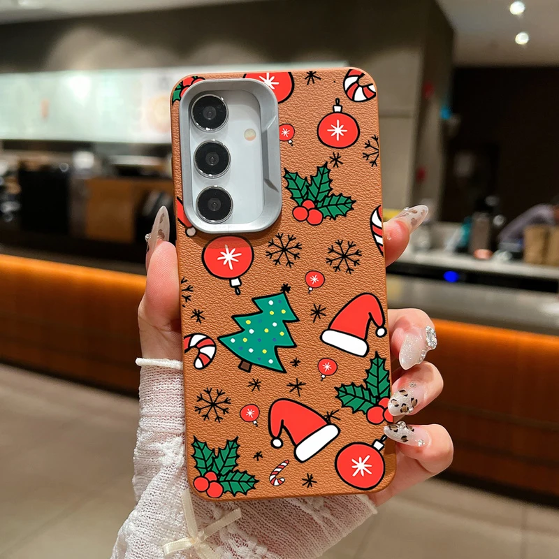 Christmas Hat Case For Samsung Galaxy A55 A54 5G A35 A25 A15 A16 A52 A53 A14 A34 S20 S21 FE S22 S23 S24 Ultra Leather Texture