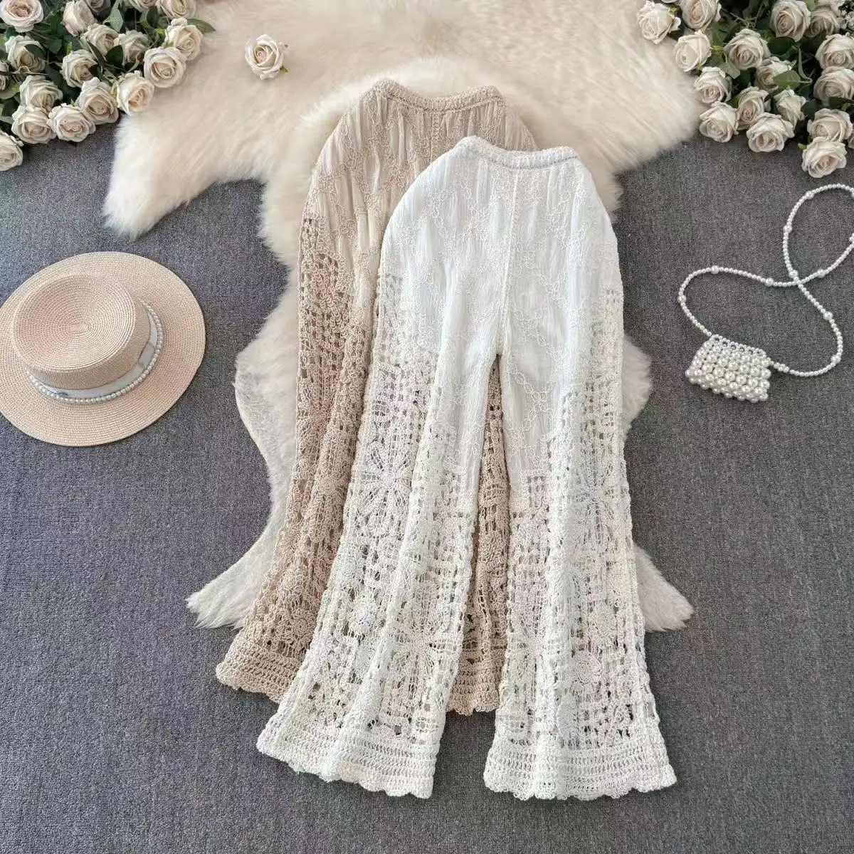 

Korean Women Knitting Trousers Embroidery Splice Hollow Out Elastic Waist Loose Beach Long Wide Legs Pants Streetwear Women