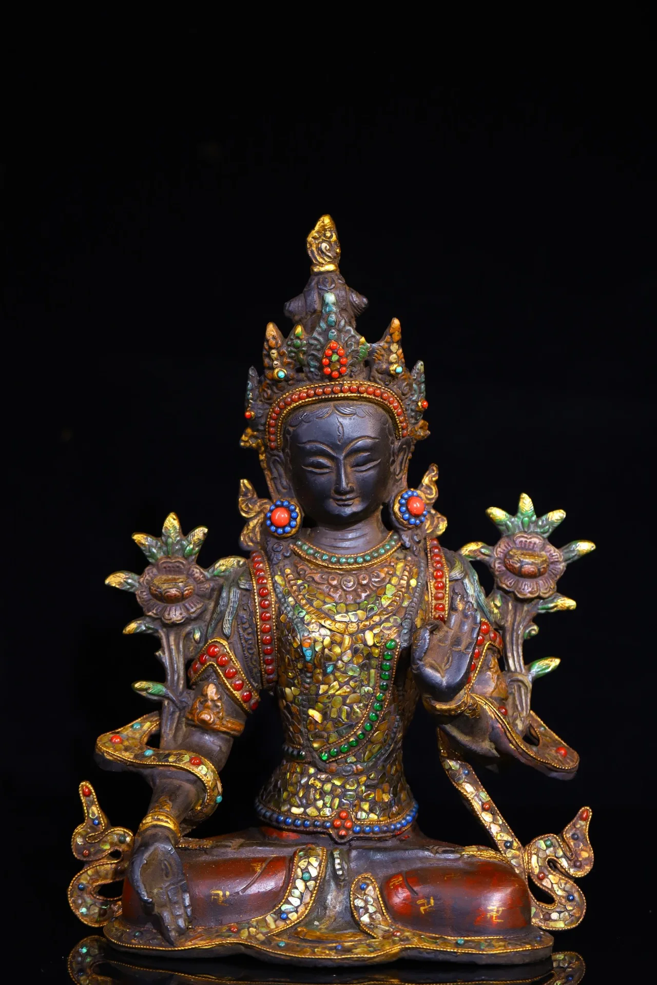 

11"Tibetan Temple Collection Old Bronze Cinnabar Painted Mosaic Gem gZi Beads Shell White Tara Sitting Buddha Worship Hall