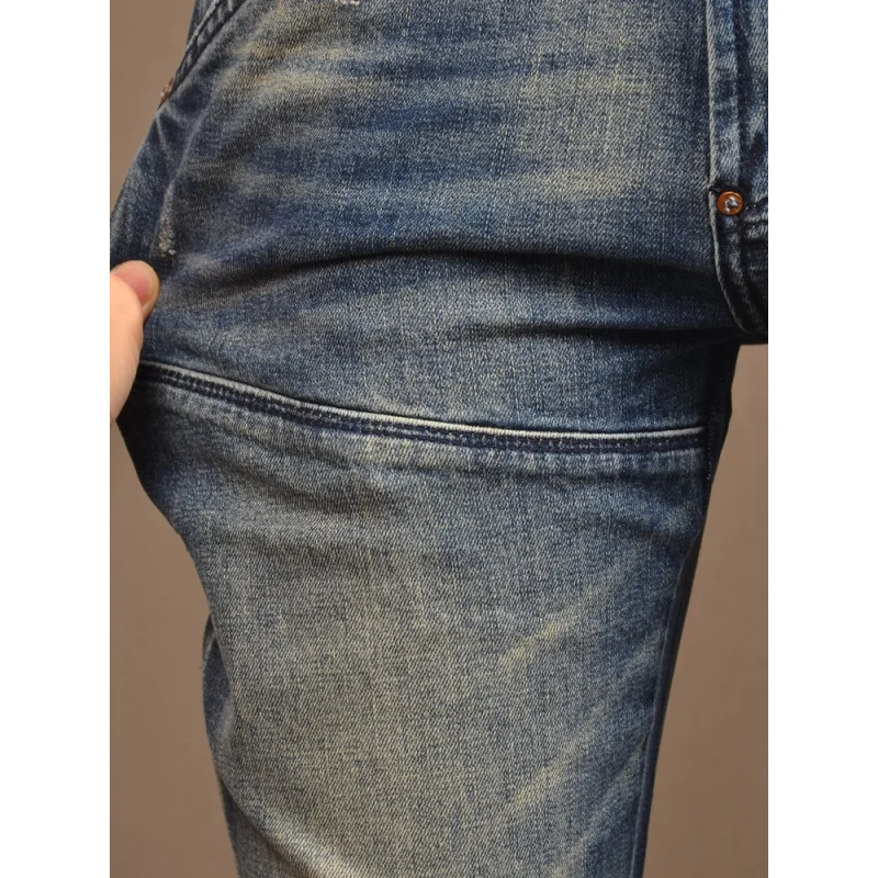Retro Distressed Stitching Jeans Men's Fashionable Slim Fit Skinny Stretch High-End Casual Tight Motorcycle Men's Pants