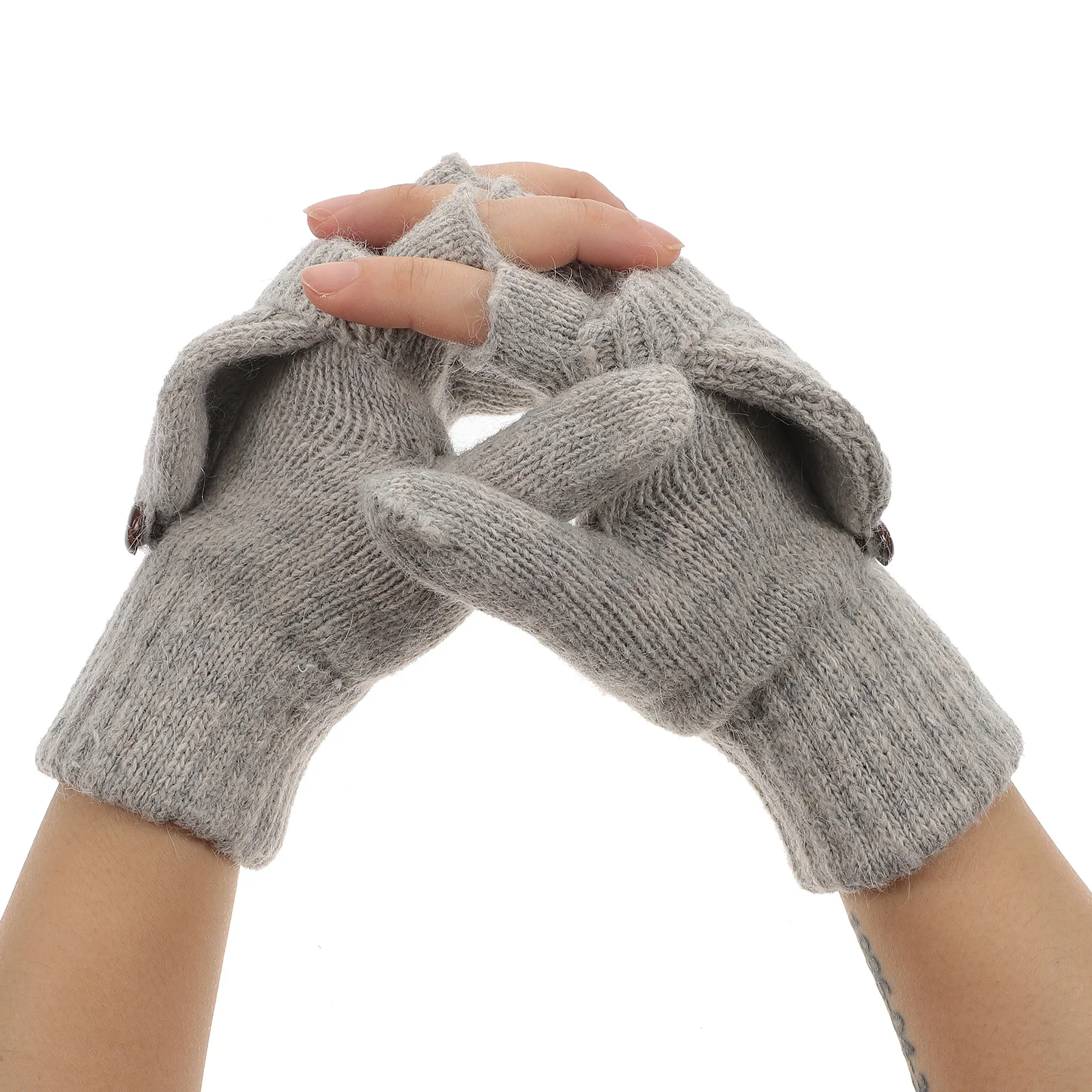 

Women Knitted Gloves Hand Warmers Ladies Fingerless with Mitten Grey Mittens Semi