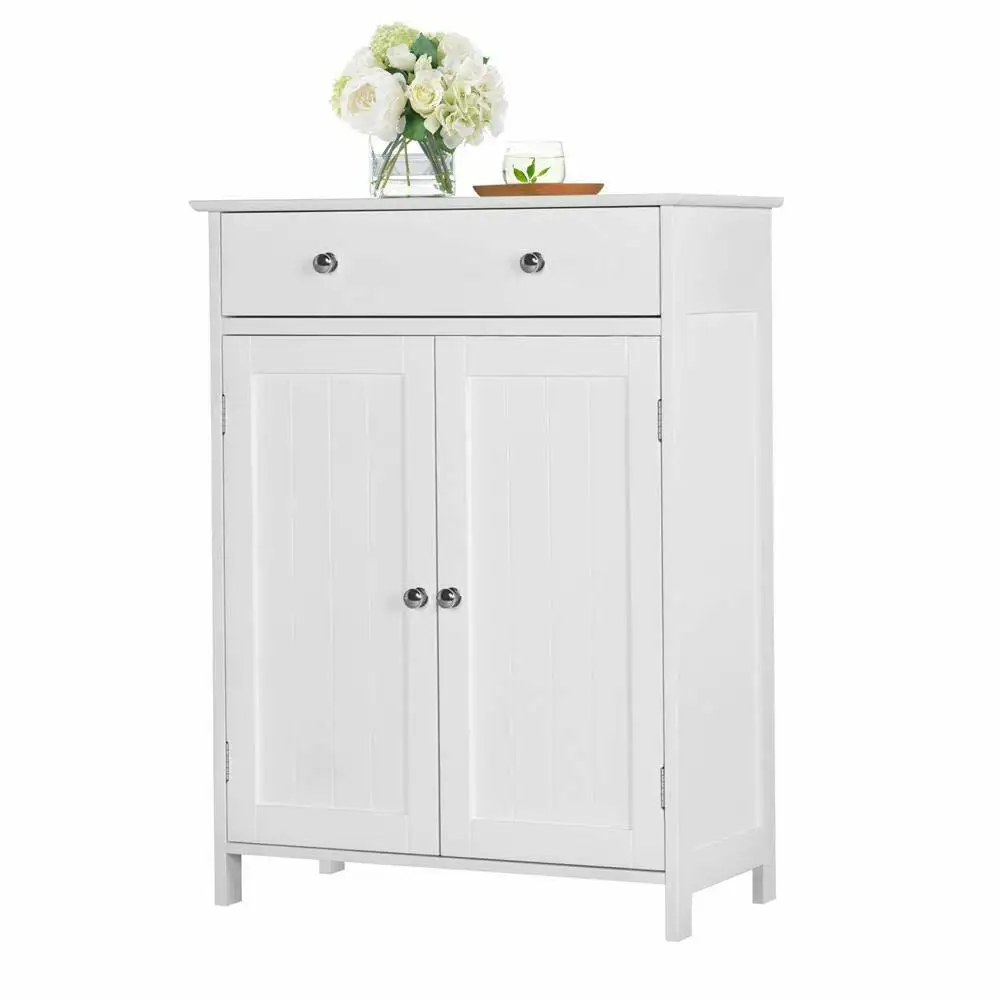 

White Wooden Bathroom Floor Cabinet Storage Cupboard W/ Shelves for Home Kitchen