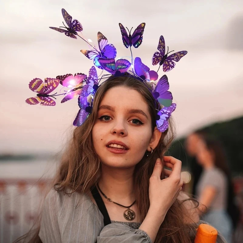 Glowing LED Light up Butterfly Fascinator Headband Bohemian Hair Band Hoops Colorful Headpiece for Party Wedding Christmas