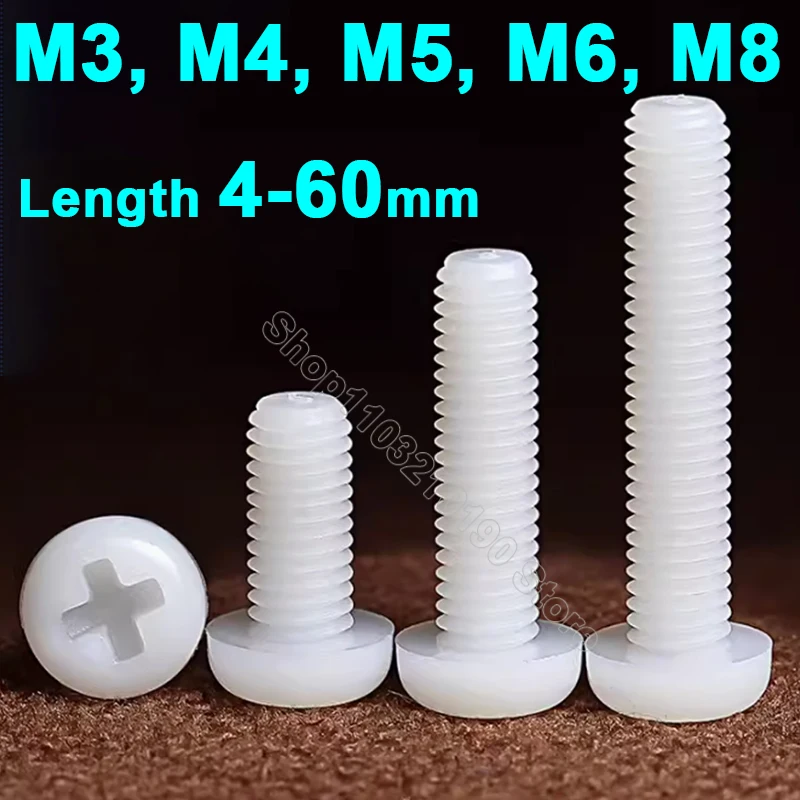 

10-100Pc M3 M4 M5 M6 M8 Metric Threaded White Nylon Plastic Insulation Phillips Pan Head Cross Recessed Round Screw Bolt L 4-60m