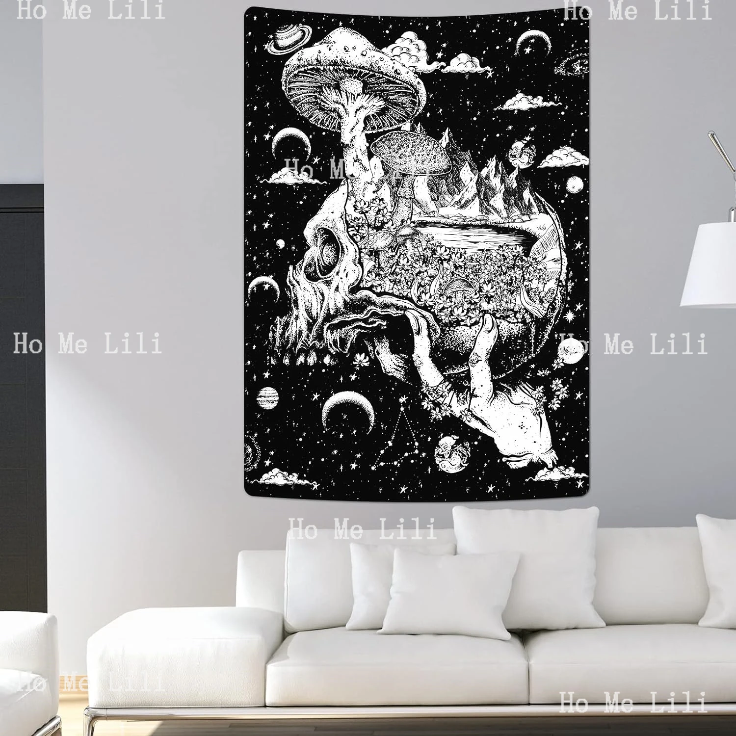 Uspring Skull Mushroom Moon And Stars Skeleton Mountain Tapestry Nature Landscape Wall Hanging For Room Decorate