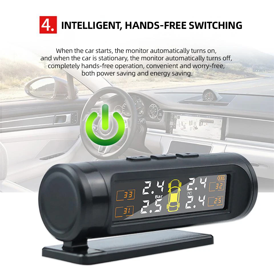 E-ACE 4-Sensor, TPMS, abnehmbarer Akku, kabellos, intelligente Erkennung, Reifendruckkontrollsystem, Sicherheitsalarm, LCD-Display – Detail 10
