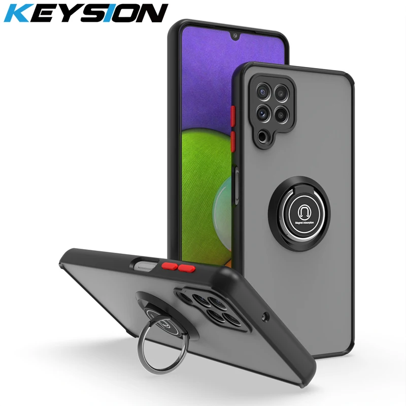 KEYSION Fashion Matte Case for Samsung A12 A22 A42 A22S 5G Transparent Ring Stand Shockproof Phone Cover for Galaxy M32 M62 F62