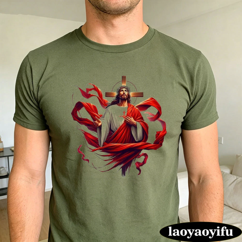 Jesus Christ Red Robe Religious Graphic T Shirt Men Artistic Spiritual Top Summer Cool Casual Holiday Clothes