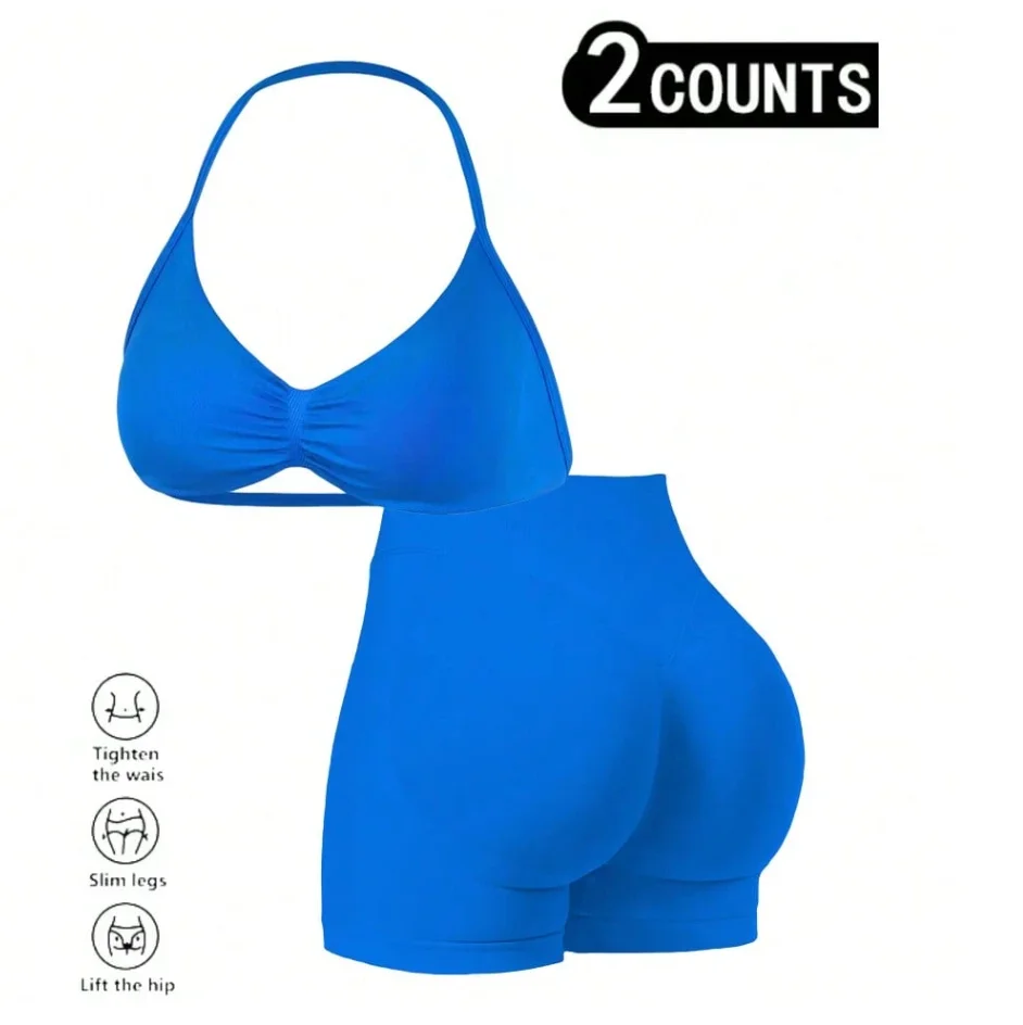 2pcs Set Halter Neck Double Layer Backless Sports Tank Top & Shorts, Suitable For Outdoor Sports, Fitness, Yoga And Various Work