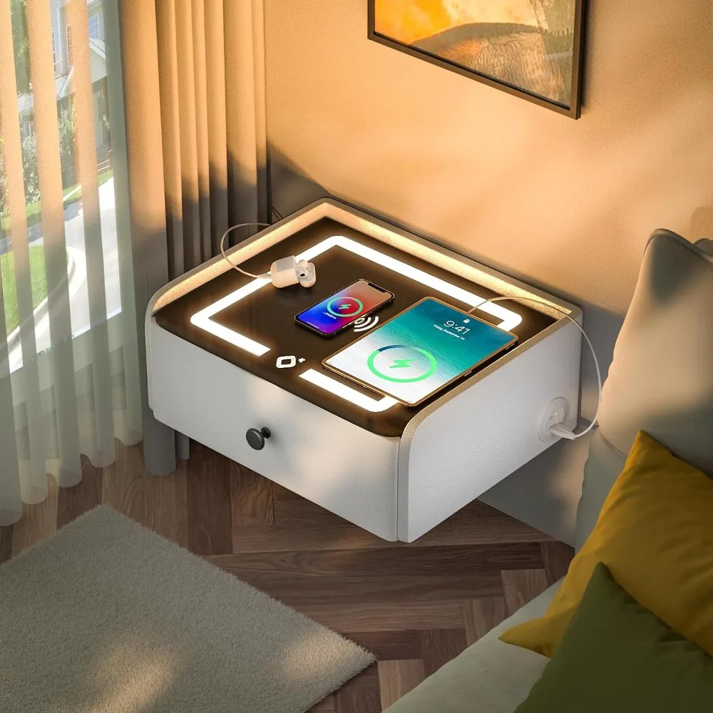 

Smart Nightstand Floating Bedside Table LED Nightstand with Charging Floating Nightstand Bedroom Options for Young People.