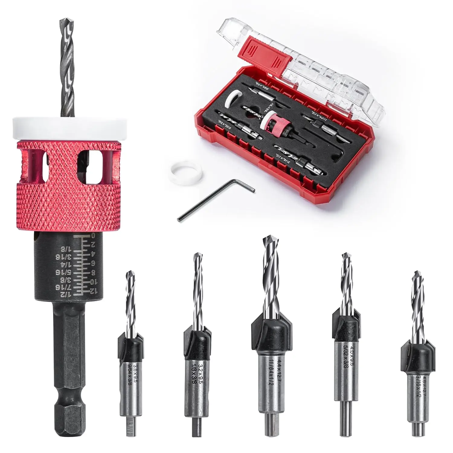 

5Pcs Countersink Drill Bit Set with Low Friction Depth Stop Hss M2 Tapered Drill Woodworking Tool with Carrying Case Countersink
