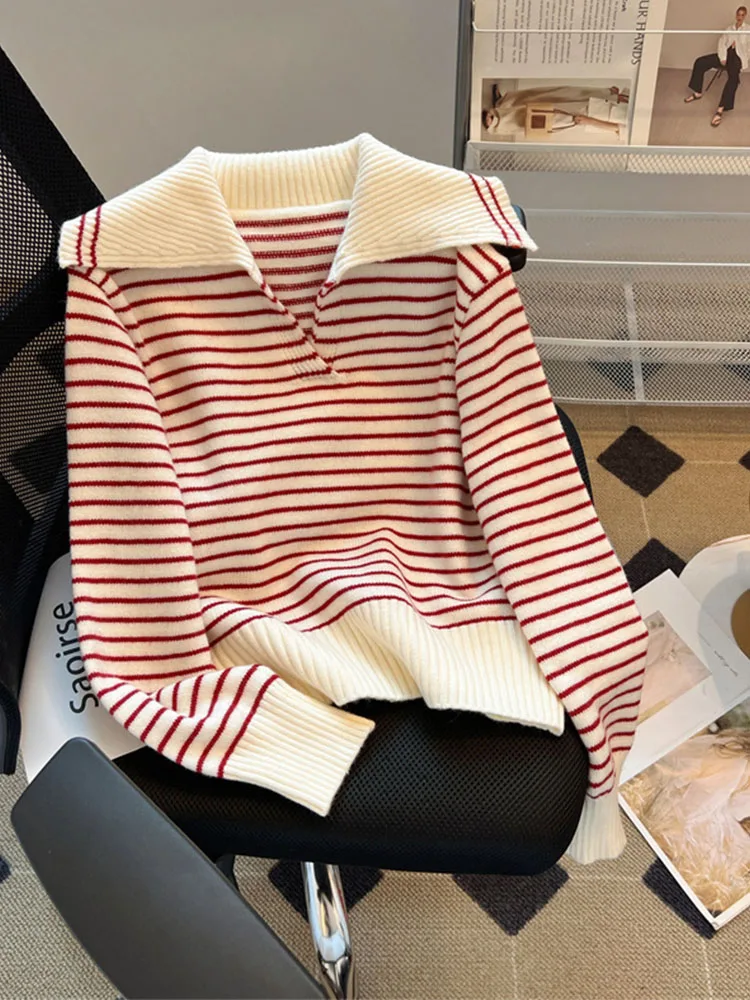 Classical Fashion Turn-down Collar Knitted Sweater Women Striped Design Long Sleeve Pullover Autumn 2024 Korean Style Loose Tops